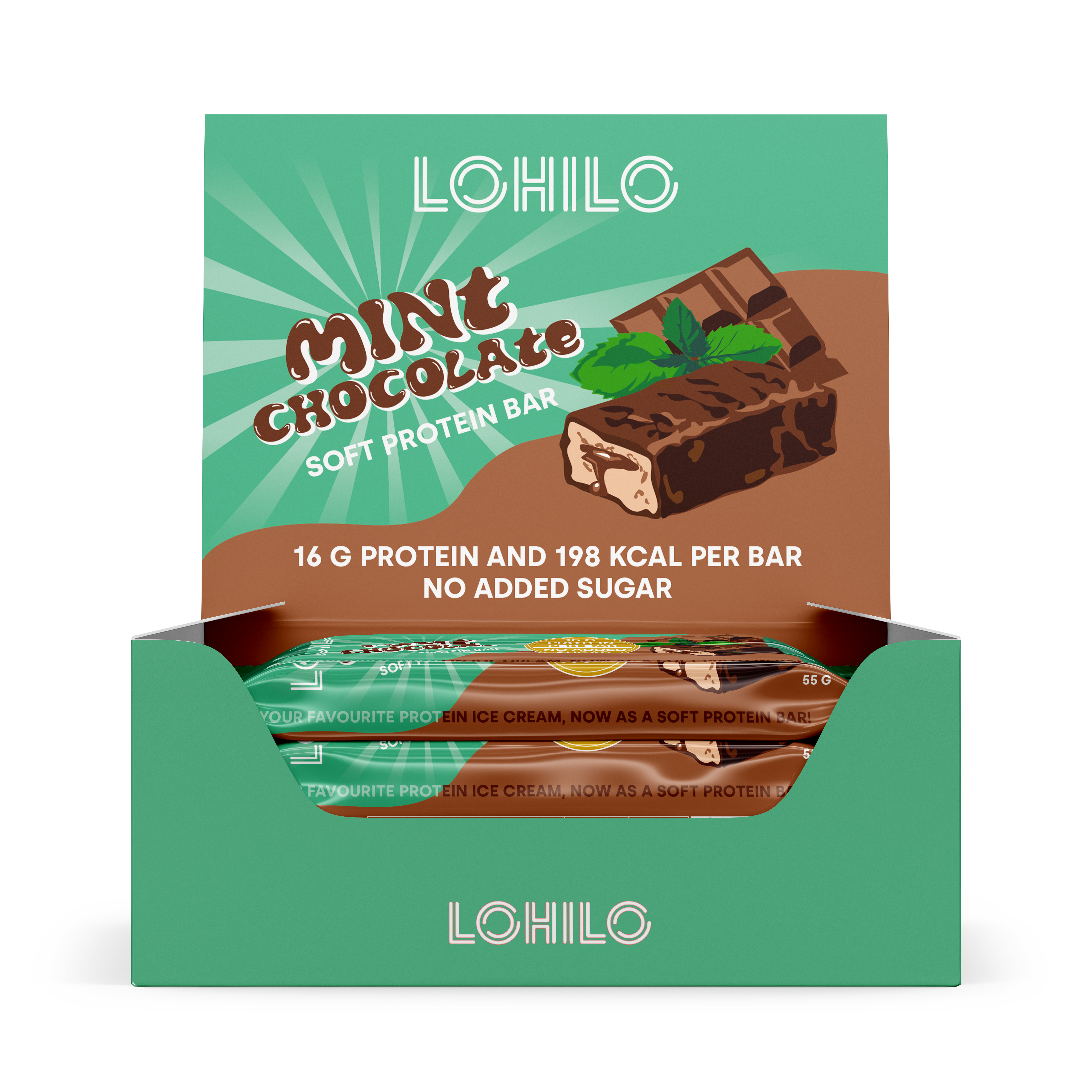 Lohilo Mint Chocolate Chip  12x55g    Proteinbar Med Mynte   Chokolade   Højt Proteinindhold