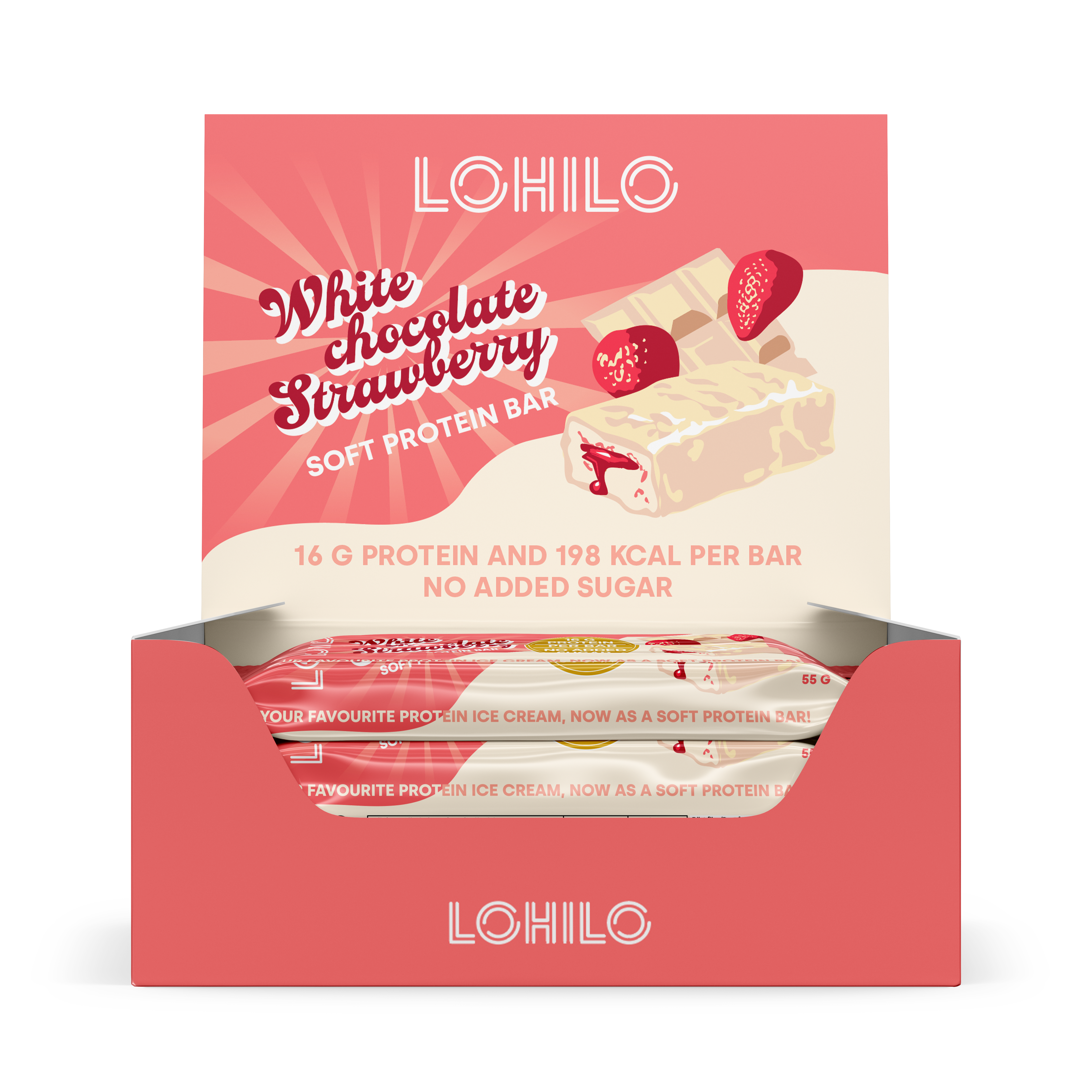 Lohilo White Choc Strawberry  12x55g    Proteinbar Med Hvid Chokolade   Jordbær   Højt Proteinindhold
